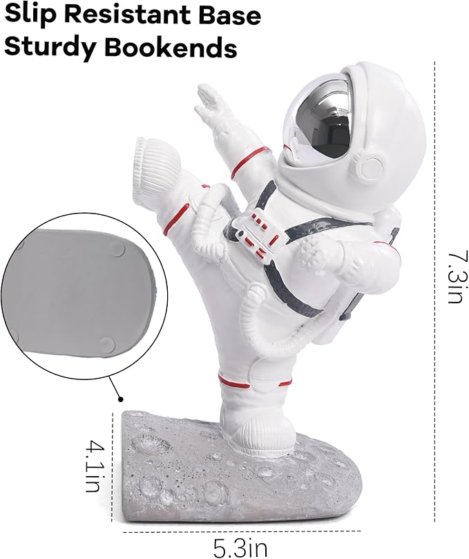 Kakizzy White Book Ends for Kids, Upgraded Astronaut Bookends Resin Spaceman Book Holders for Shelves Sturdy Book Stopper Book Ends to Hold Books Unique Outer Space Book Shelf Ends(F2-Silver Color)