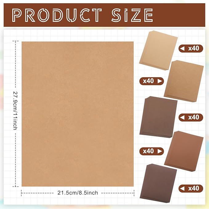 Sinmoe 200 Sheets 5 Shades Cardstock Paper 8.5 x 11 Inches 180gsm Solid Core Printer Paper for Scrapbooking DIY Arts Crafts Making Office Home Supplies (Brown Series)