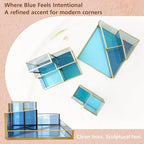 Gold & Blue Glass Desk Organizer - Elegant Office Decor, Aesthetic Makeup Brush Holder & Skincare Organizer, 4-Compartment Pen Holder, Pencil Cup, Vanity & Cosmetic Storage, Desk Accessories for Women