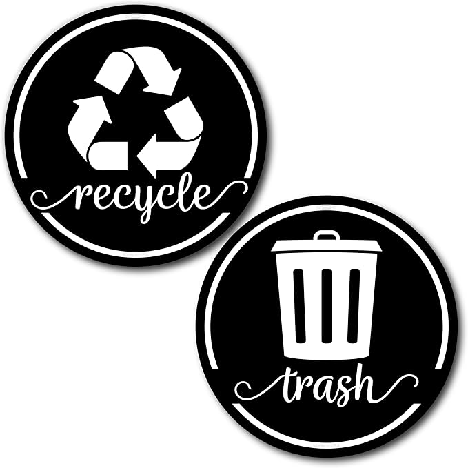 Strong Trash and Recycle Magnets, 3.5" Recycle Magnet for Trash Can, Magnetic Recycling Stickers for Kitchen Garbage Can and Recycling Bins with 4 Adhesive Stickers, Made in USA, Black 2 Pcs