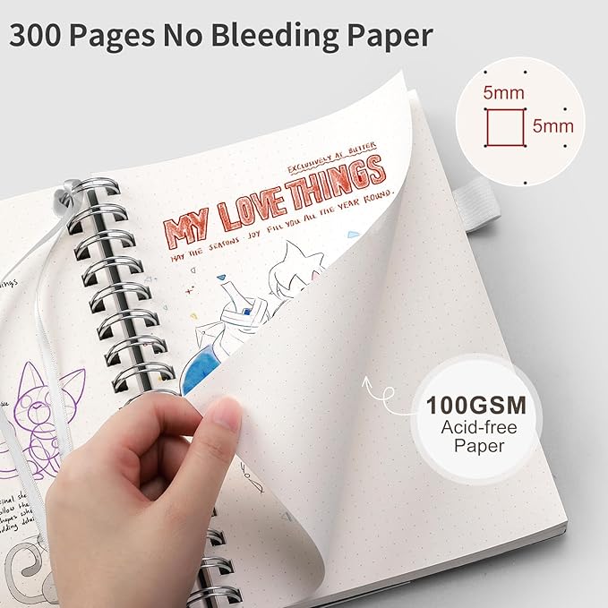 EMSHOI B5 Spiral Dotted Notebook - Bullet Dot Grid Journal with 300 Pages of 100gsm Thick Paper, Waterproof Softcover Notebook for School, Work & Writing - 7.48”x10.15”, Transparent