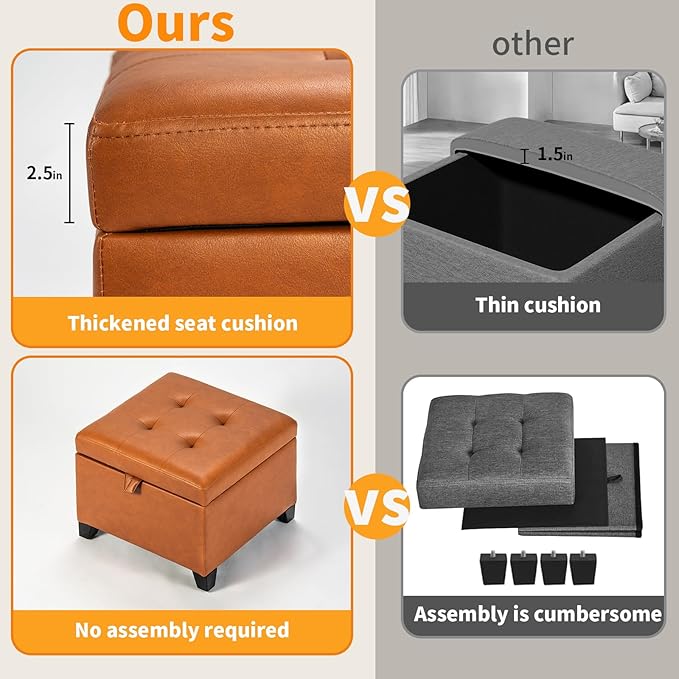 Adeco Small Faux Leather Storage Ottoman with Hinged Lid, 14 Inch High Square Cube Foot Stool with Storage, Upholstered Vanity Stool with Solid Wood Legs for Living Room, Bedroom, Dorm (Warm Orange)