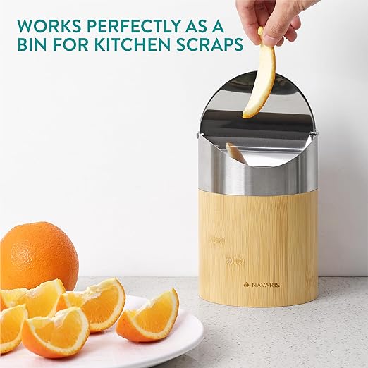 Navaris Bamboo Mini Trash Can - Small Bin with Stainless Steel Swing Lid for Easy Access - Desktop Bin Ideal for Office, Bathroom and Kitchen Counter - Compact and Easy to Clean