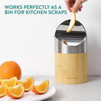 Navaris Bamboo Mini Trash Can - Small Bin with Stainless Steel Swing Lid for Easy Access - Desktop Bin Ideal for Office, Bathroom and Kitchen Counter - Compact and Easy to Clean