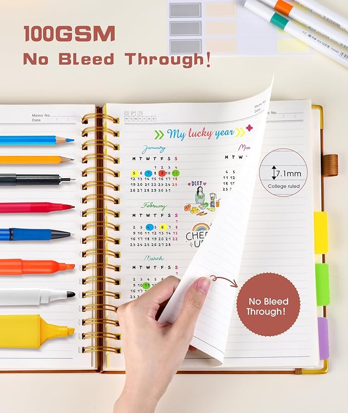 Hardcover Spiral Notebook 8.5"x11" Journal with Removable Dividers Tabs, 300 Pages Leather 5 Subject Notebook College Ruled, Large A4 Notebooks for Work School, Journal for Women, A4 Light Brown