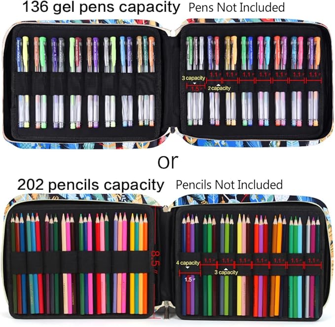 qianshan Pencil Case Holder Slot - Holds 202 Colored Pencils or 136 Gel Pens with Zipper Closure - Large Capacity Pen Organizer for Watercolor Pens or Markers - Perfect for Artist.Blue Feathers