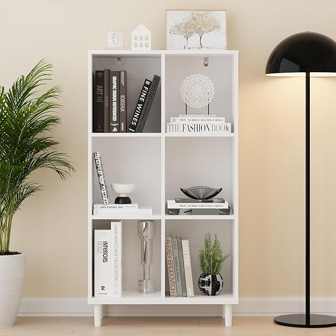 Chyanmoo Wood Cube Storage Organizer White Bookshelf - 3-Tier Freestanding Storage Cabinet with Legs for Home Office, 6-Cubes Open Shelf
