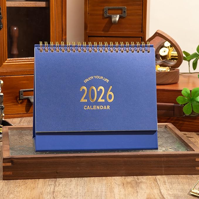 Small Desk Calendar 2026, Standing Flip Desktop Calendar from Now to December 2026 - Metal Ring Twin-Wire Binding Monthly Desktop Calendar for Home Office School (Blue)