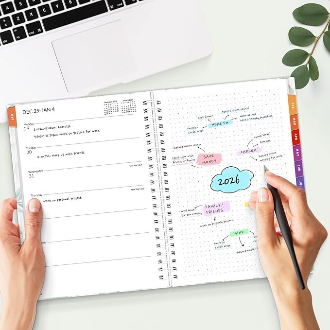 SUNEE 2026 Planner, Weekly and Monthly Calendar Planner, January 2026-December 2026, Daily Agenda with Tabs, Note Pages, Spiral Binding, 6.4"x8.3", Leaf