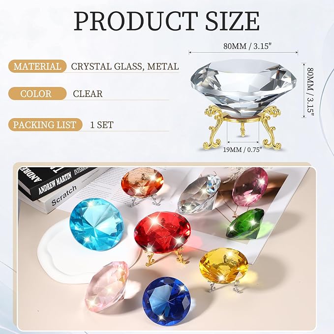 PATIKIL Diamond Crystal Paperweight, 80mm / 3.15" Crystal Paperweight Paper Weight with Gold 19 Metal Base for Home Office Desktop Table Decor Wedding Party Ornaments, Clear