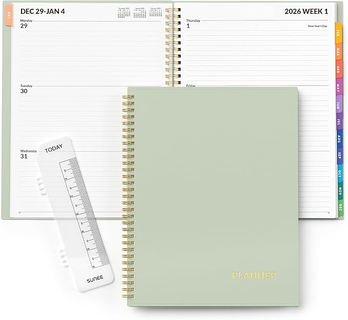 SUNEE 2026 Weekly and Monthly Planner - from January 2026 - December 2026, Daily Agenda Planner with Monthly Tab, Flexible Cover, Note Pages, Pockets, Bookmark, Spiral Binding, Sage Green, 8.5"x11"