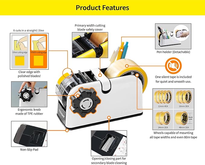 [TENDO°] Multi-Section Tape Dispenser ZO-508: Innovative Cutter for Custom Tape Width (White)