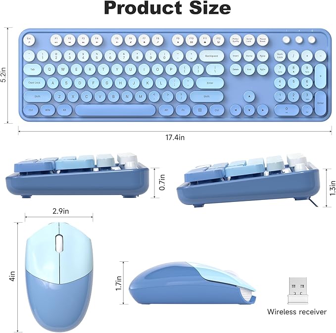 MOFII Wireless Keyboard and Mouse Combo, Full Size 2.4G Plug and Play Typewriter Retro Round Computer Keyboard and Mouse Set for Windows, Computer, Desktop, PC, Notebook - (Blue Gradient)