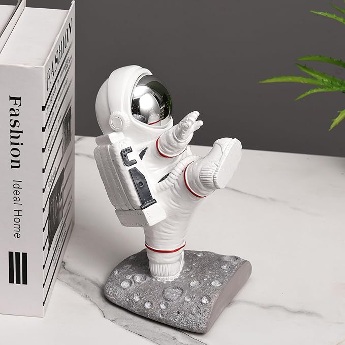 Kakizzy White Book Ends for Kids, Upgraded Astronaut Bookends Resin Spaceman Book Holders for Shelves Sturdy Book Stopper Book Ends to Hold Books Unique Outer Space Book Shelf Ends(F2-Silver Color)