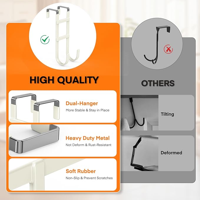 FYY Over The Door Hooks - 4 Pack Heavy Duty Dual-Hook Organizer Hanger with Non-Slip Rubber for Towels, Clothes, Hats & Bags Use in Bathroom, Bedroom, Kitchen - Fits Interior Doors Up to 1.6" Beige