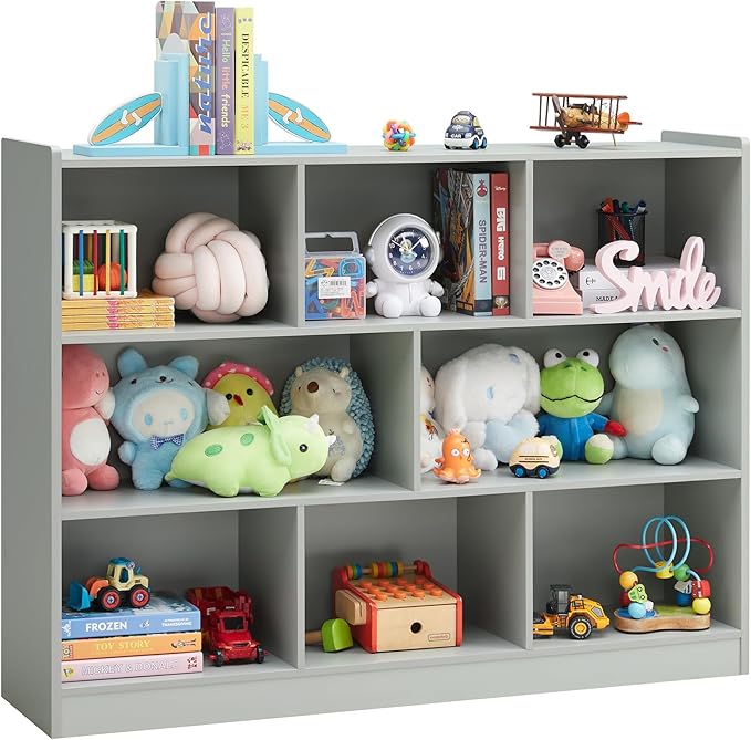 Onirw 3-Tier Bookshelf, 8-Section Wooden Bookcase, Storage Organizer with Anti-Tilt Device, Modern Storage Display Cabinet for Living Room, Classroom, Kid’s Room (Grey)