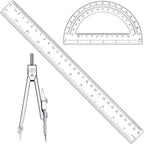 3 Pcs Plastic 12 Inch Ruler, Clear Protractor and Compasses Set for Student Geometry, Durable Transparent Drawing Measuring Rulers for School Office