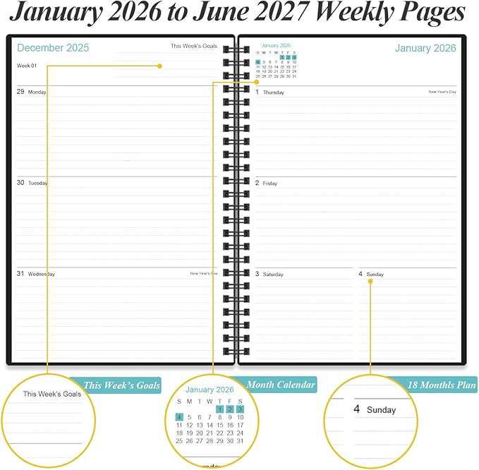 2026-2027 Planner - 18 Months Weekly & Monthly Planner from January 2026 - June 2027, Spiral Planners 2026-2027 with Elastic Closure, Inner Pocket, Medium 5.8" x 8.3", Black