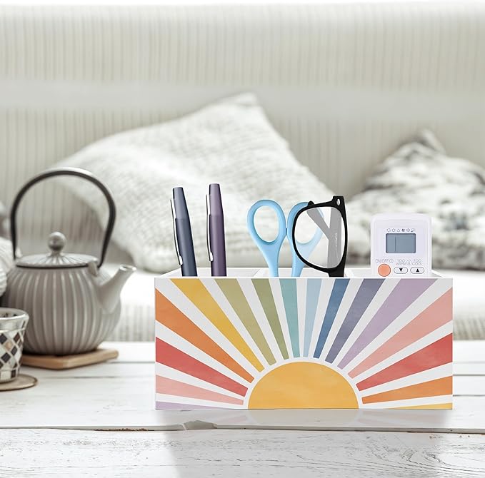 Exqcom Boho Colorful Sunshine Pen Pencil Holder, Boho Desk Office Decor, Retro Rainbow Sun Sunrise Sunset Pencil Pen Holder Organizer for Home Office Desk Accessories