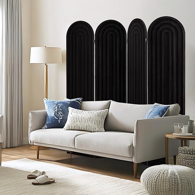 Asnefeli Room Divider and Folding Privacy Screen, 4 Panel Wood Arched Room Divider Wall, Portable Freestanding Partition Screen, Partition Divider for Room Separation for Home Office Bedroom, Black