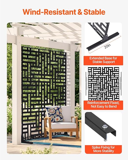VEVOR Metal Privacy Screen, 47" W x 76" H, Outdoor Privacy Screens 3-Panel, Freestanding Outdoor Divider with Stand, Decorative Garden Steel Privacy Fence for Balcony Patio Indoor Room Hot Tub Black