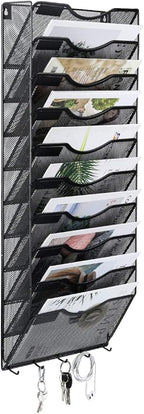 EasyPAG 10 Pocket Mesh Wall File Organizer with Key Hooks, Hanging Paper Folder Holder with Classify Label, Vertical Wall Mount Mail Organizer for Office Home Classroom, Black