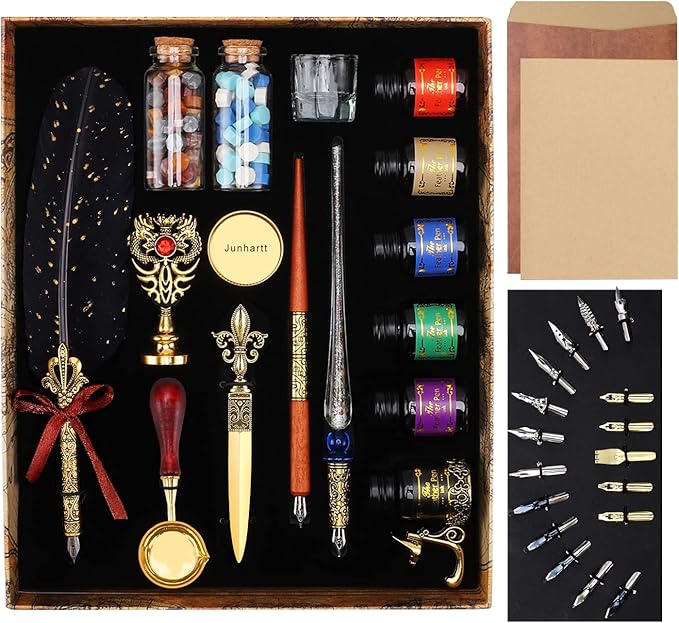 Junhartt Quill Feather Pen and Ink Set, Calligraphy Pen Glass Dip Pen and Wax Seal Stamp Kit (Black)