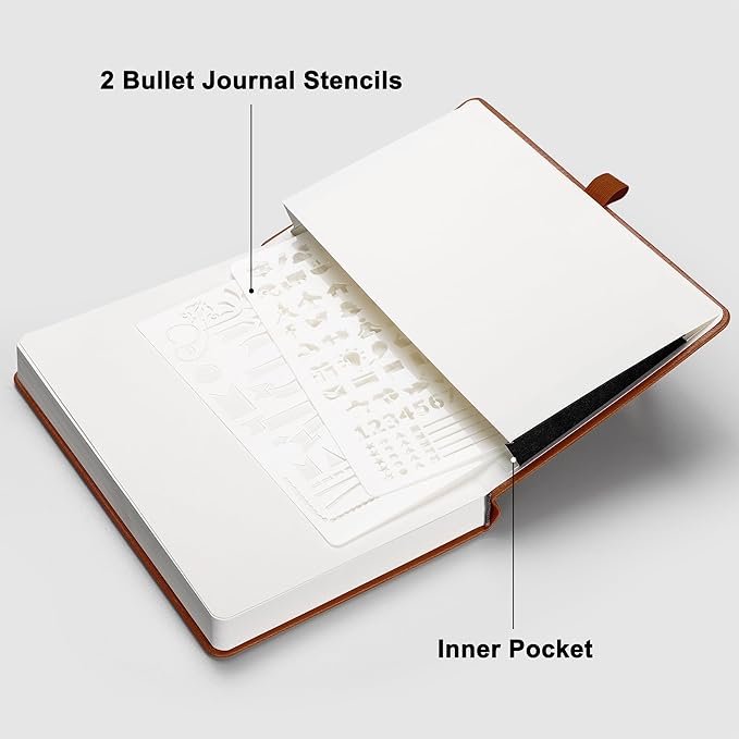RETTACY Bullet Dotted Journal Notebook, 320 Numbered Pages, A5 Medium Size (5.7'' × 8.3''), Leather Hardcover, 100 GSM Thick Paper, for Bullet Journaling, Planning, Tracking (Brown)