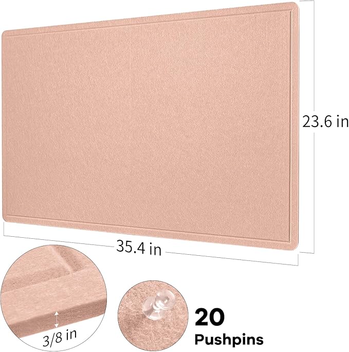 Lightomorrow Bulletin Board, 36 x 24 inches Felt Board - Decorative Pin Board, Cork Board Alternative for Wall, 3' x 2' Foldable Self-Adhesive Vision Board Prayer Board with 20 Pushpins - Mauvey Pink
