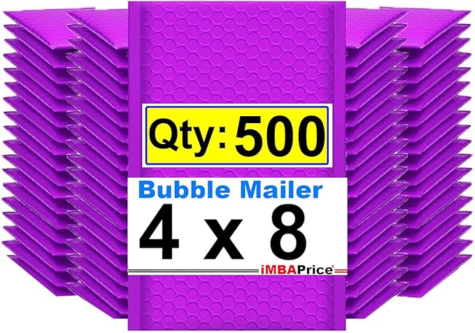 iMBAPrice 4x8 Inches Purple Color Polybubble Bag, 500-Pack Small Size #000 Self Seal Poly Bubble Mailers Padded Packing Envelopes (Total 500 Bags)