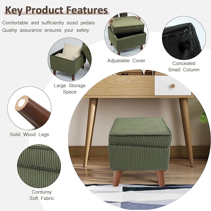FAGAGA Storage Ottoman with Adjustable Lid, Soft Step Stool, Footrest and Seat, Ottoman Foot Rest for Living Room, Bedroom, Dorm, Green