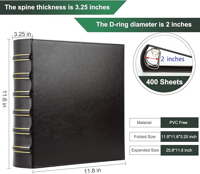 LETVPVOW Vintage Hardback 3 Ring Binder 2 Inch, Professional Leather Binders 2 Inch D Ring, Holds 400 Sheets Capacity - Black