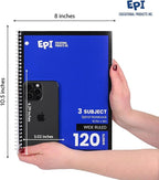 EPI Spiral Notebook | 3 Subject - Wide Ruled - 120 Sheets, Durable Spiral Binding | 10.5 x 8 in | Classroom Supplies | School, Office, Note Taking, Journaling - 3 Pack