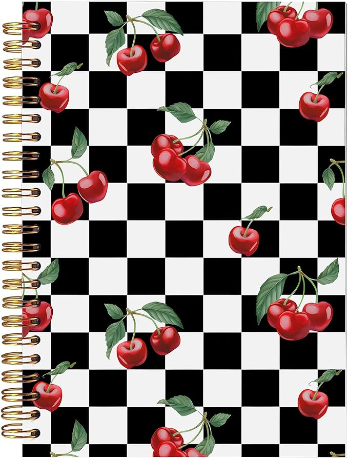 Black and White Checkered Spiral Notebooks - Retro Plaid Journal, Cherry Themed Gifts for Teen Girls Women, Cherry Hardcover sprial Notebook for Note Taking Writting, 5.5x8.3 Inch-352