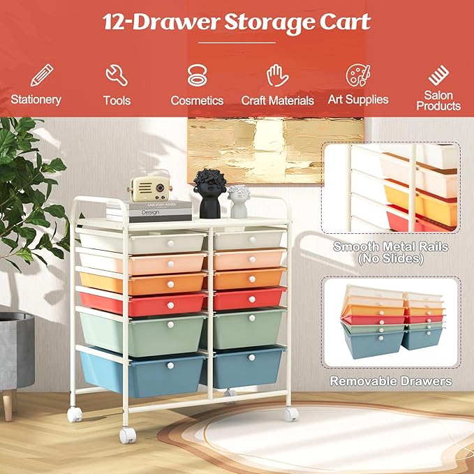 LDAILY 12 Drawer Rolling Storage Cart, Craft Cart Organizer on Wheels w/Metal Frame, Large Capacity & Smooth Drawer, Rolling Cart w/Drawers for Classroom, Office