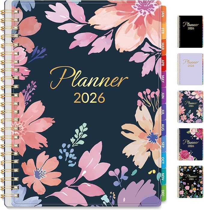 GNL 2026 Planner, Weekly and Monthly Planner January - December 2026, 6.4" x 8.3" Monthly Planner with Waterproof Flexible Cover, Spiral Binding Notebook with Colorful Tab, Pockets, Bookmark, Floral