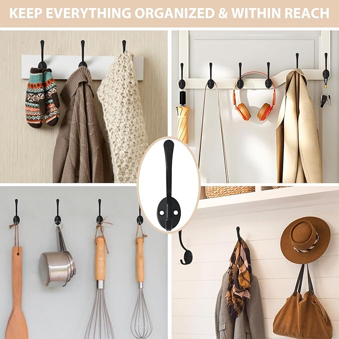 Homanu 14 Pack Coat Hooks Wall Mounted with 28 Screws, Heavy Duty Black Towel Hooks Metal Double Hooks, No Rust Retro Rustic Wall Hooks for Hanging Towel, Coat, Scarf, Bag, Hat, Cup, Key