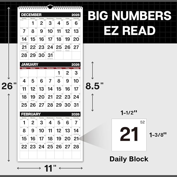 Dunwell 3-Month Wall Calendar 2026, Large Monthly Hanging Calendar with Big Bold Numbers, Easy to Read from a Distance, Use to Dec 2026, For Office or Home, 11x26 Open, Ships Folded