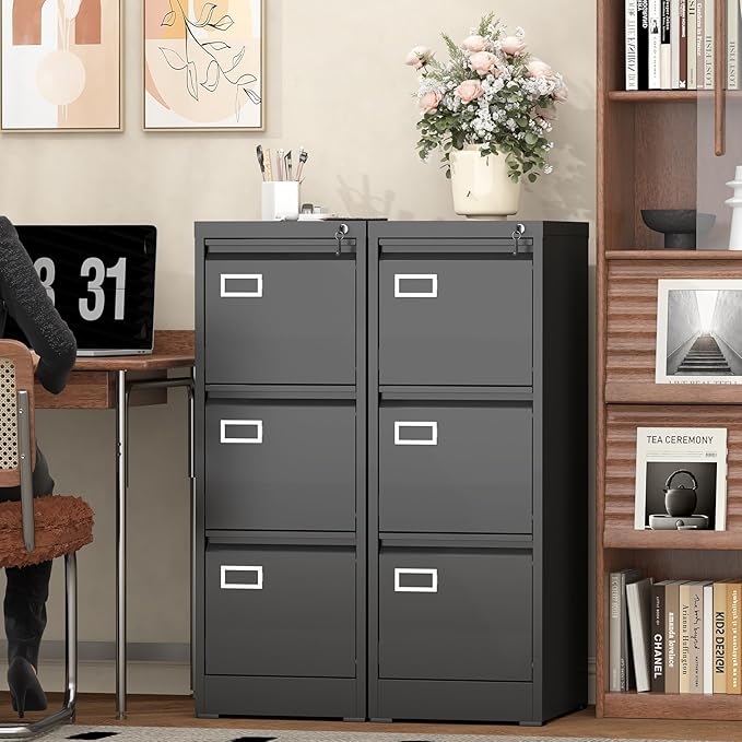Lockable Vertical Metal File Cabinet 3 Drawer, Steel Filing Cabinet for Home Office Organization, High Capacity Storage for Letter/Legal/A4 Size, Black Office Cabinet, 17.7" D x 14.6" W x 40.9" H