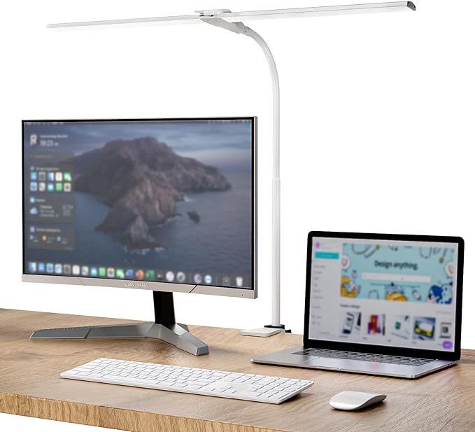 Hensam LED Desk Lamp with Clamp, Double Head Desk Light for Home Office, Dimmable Desktop Light, 12W 1400lm Eye-Caring Architect Table Lamp for Workbench Monitor Computer Reading Study, White