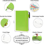 feela 15 Pack Pocket Small Notebooks Bulk, Mini Cute Memo Notepads Hardcover College Ruled Lined Journals with Pen Holder for Women Girls Office School, with 15 Black Pens, 3.5”x 5.5”, A6, Green