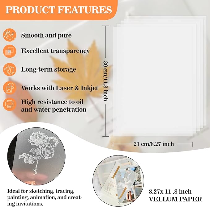 Vellum Paper 8.27 x 11.8 Translucent-Printable - Translucent Vellum Paper Tracing for Crafts Tracing,Drawing,Card Overlays,Invitation Envelope 30 Sheets