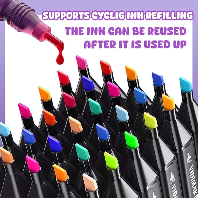 VIDIMAKPRO Alcohol Markers 168 Colors with Base Dual Tip Art Drawing Markers for Kids Students and Adults Comics Sketching Illustration - Refillable