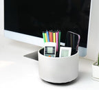 Hennaja Round Leather Art Supply Organizer,Remote Control Holder,360 Degree Spinning,Multi-Functional Pencil Holder,4 Compartments Desktop Stationary Organizer(1-Lichee Silver)