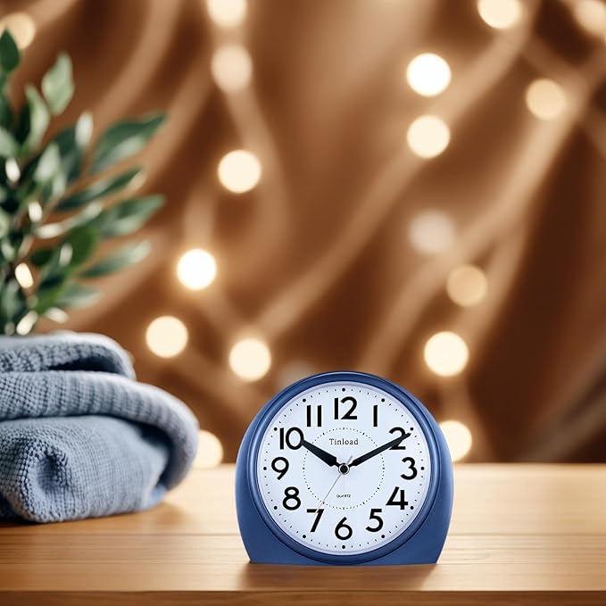 Tinload 5.5" Large Analog Alarm Clock Silent Non Ticking, Gentle Wake, Beep Sounds, Increasing Volume, Battery Operated Snooze and Manual Light, Blue