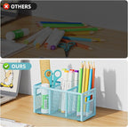 Marbrasse Mesh Pen Holder for Desk,Pencil Holder Desk Organizer 3 Adjustable Compartments,Pencil Cup with Handle Perfect for Classroom, Office, Home,Makeup,Art (Blue)
