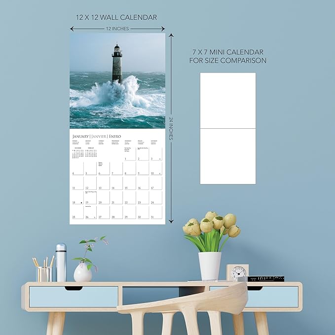 Graphique 2026 Lighthouses Wall Calendar | 12” x 12” | Thick Paper | Home & Office Organizer | Large Monthly Grid | 3 Languages & Marked Holidays | 4 Month Preview Page for 2027