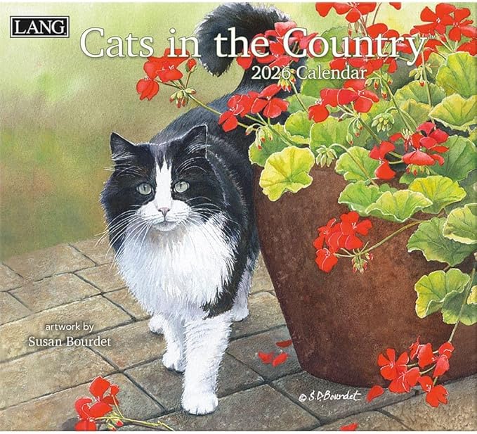 Lang Cats in the Country 2026 Wall Calendar – 13.4" × 12", 12-Month Calendar with Stapled Binding, Linen-Embossed Art by Susan Bourdet, Rural Feline Imagery