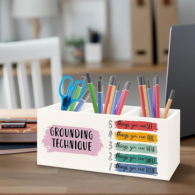 URLLUAE Mental Health Wooden Pen Pencil Holder for Classroom Therapy Counselor Office Desk Accessories, Grounding Technique Mental Health Makeup Brush Toothbrush Holder Organizer
