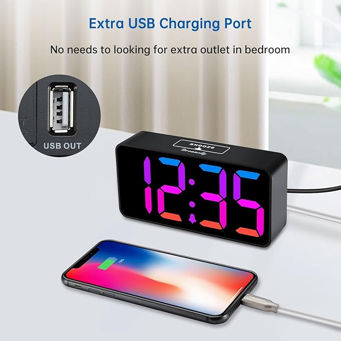 DreamSky Small Digital Alarm Clocks for Bedrooms - RGB Electric Alarm Clock for Kids Bedside Nightstand, Desk Clock with Large Numbers, Dimmer, Adjustable Alarm Volume, USB Port, USB-C Adapter Powered